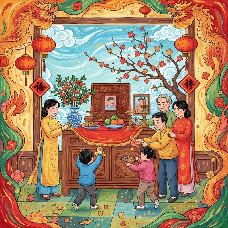 Vẽ tranh đề tài gia đình ngày Tết đơn giản nhất