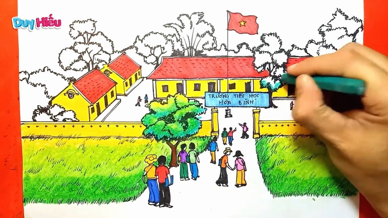 Vẽ tranh ngôi trường bằng bút chì