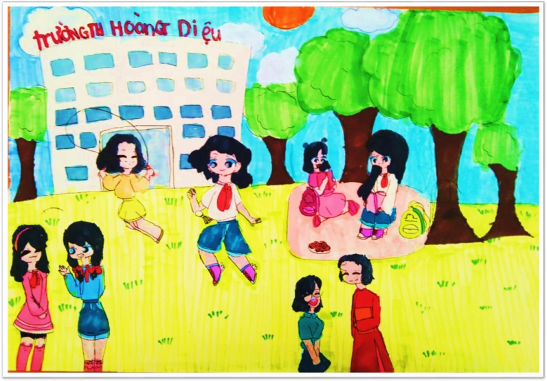 Vẽ tranh ngôi trường mơ ước hạnh phúc dễ thương