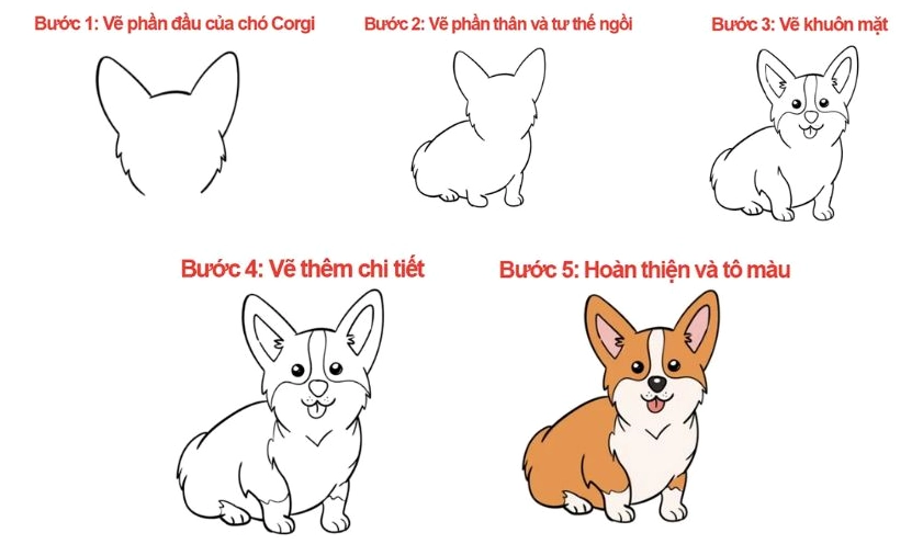Cách vẽ con chó Cogi dễ thương đơn giản