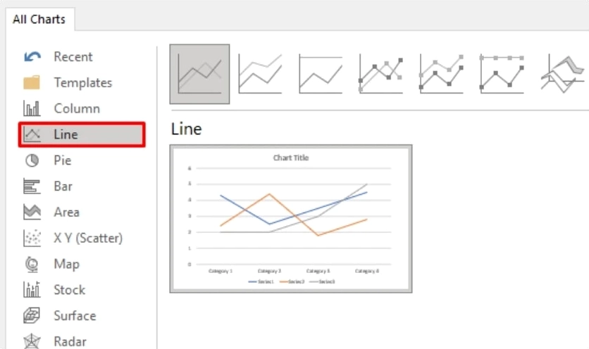 Chọn biểu đồ đường là Line