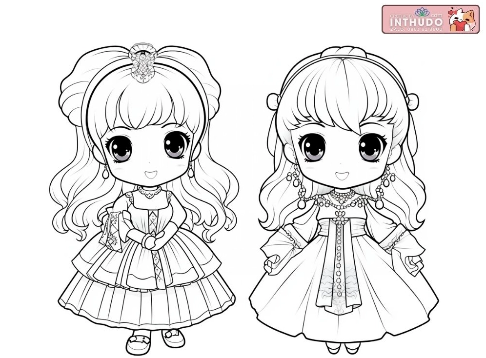 Hình công chúa chibi dễ thương cute đơn giản cho các bé tập tô màu