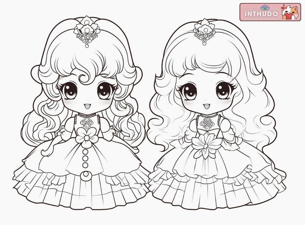 Hình công chúa chibi dễ thương cute đơn giản cho các bé tập tô màu