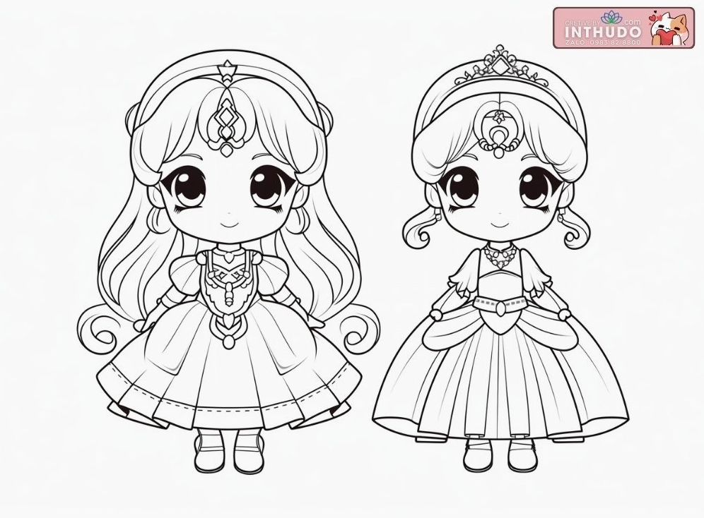 Hình công chúa chibi dễ thương cute đơn giản cho các bé tập tô màu