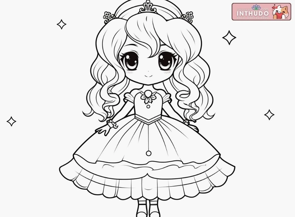 Hình công chúa chibi dễ thương cute đơn giản cho các bé tập tô màu
