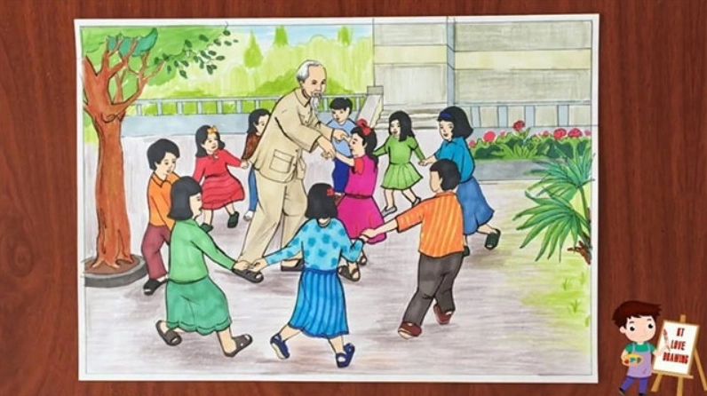 Mẫu tranh vẽ Bác Hồ với thiếu nhi đơn giản