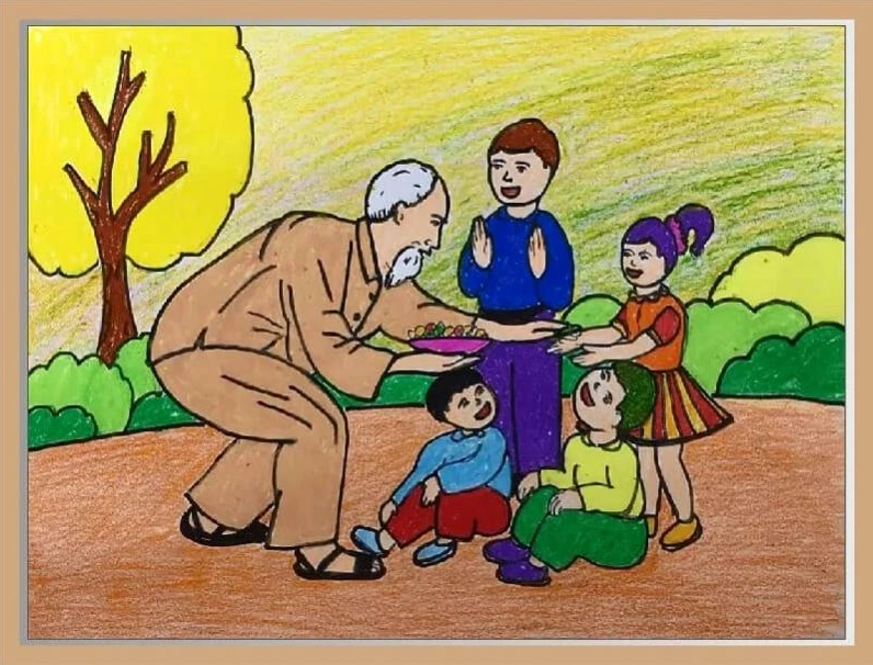 Mẫu tranh vẽ Bác Hồ với thiếu nhi đơn giản