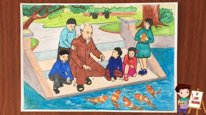 Mẫu tranh vẽ Bác Hồ với thiếu nhi đơn giản