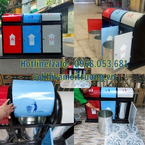 Thùng rác ngoài trời phân loại 3 ngăn inox