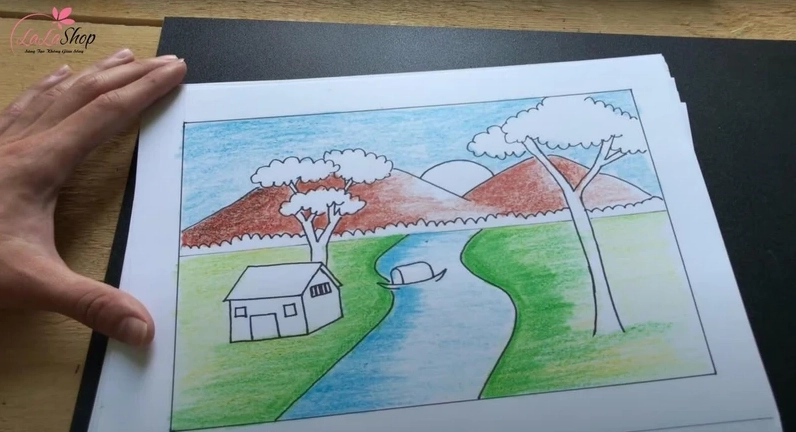 Tô màu tổng thể cho bầu trời, núi và nền cỏ