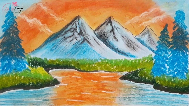 Tranh đỉnh núi và hoàng hôn