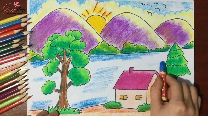 Tranh vẽ đỉnh núi và nhà tranh