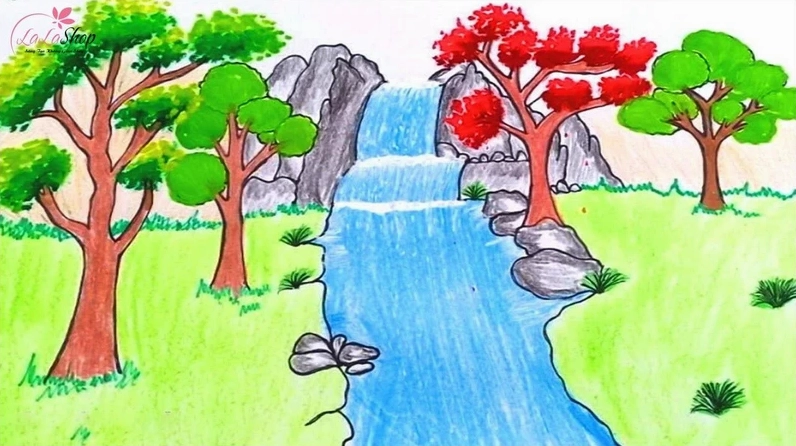 Tranh vẽ núi và thác nước bên rừng cây
