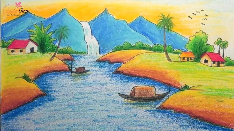 Tranh vẽ phong cảnh núi và thác nước